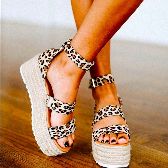 Shoes - Leopard Print Ankle Wrap Platform Sandals